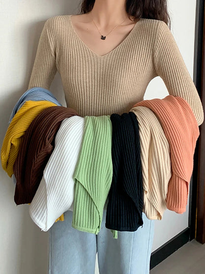 Women Female Knitted Ribbed Sweater Autumn Winter Pullover  Slim Long Sleeve  Sweater