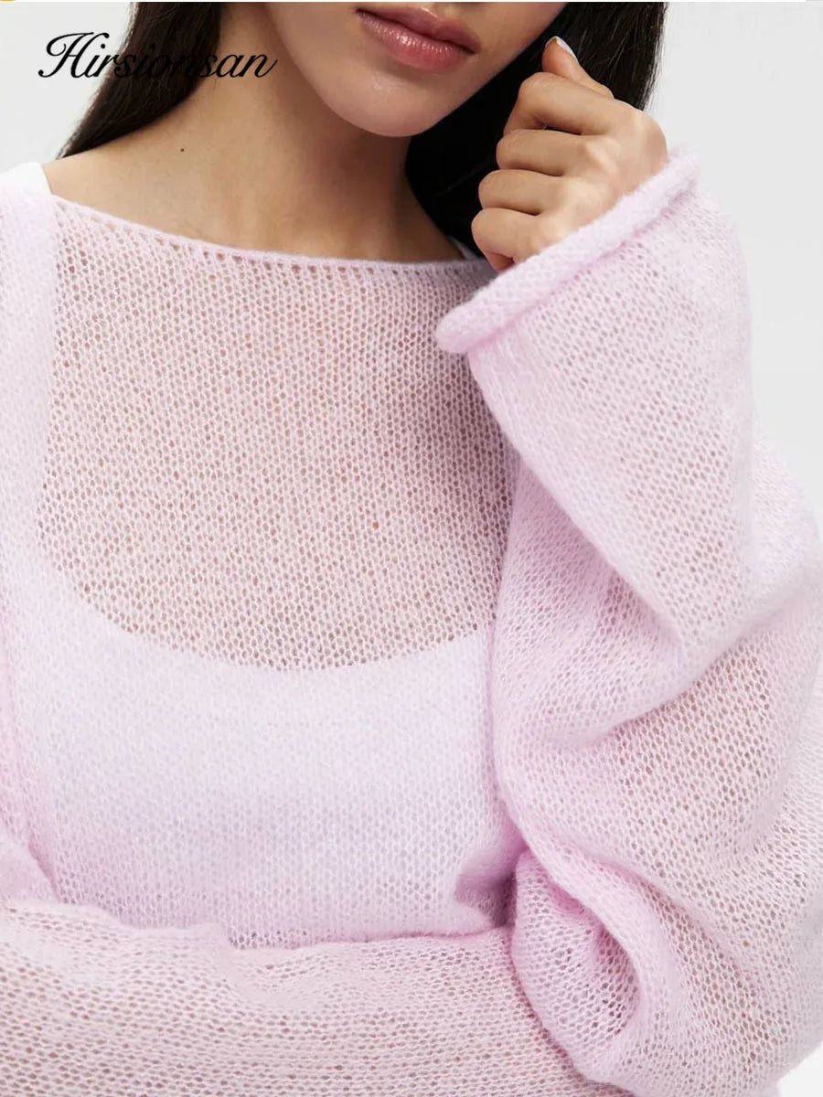 Hirsionsan Elegant tröja Kvinnor 2024 Sommar Höst Fritidsmode Löst Dam Pullover Chic Rosa Vit Jumper Sueter Mujer