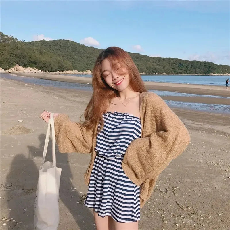 Stickad kofta för kvinnor Sommar Oversized stickad lös kappa tröja koreansk topp solid cropped cardigan Y2k tröja strandblusar