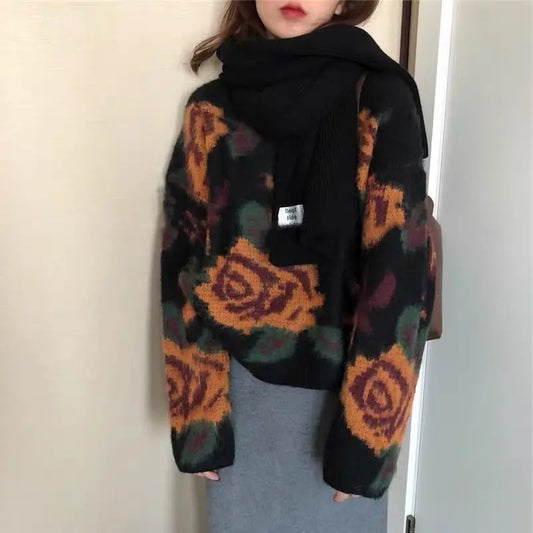 Jumper Black Printed Pullover Japanese Vintage Sweater Sueter Mujer Y2k Top Grunge Oversized Sweaters Pull Femme Rose