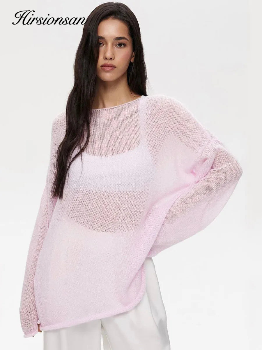 Hirsionsan Elegant tröja Kvinnor 2024 Sommar Höst Fritidsmode Löst Dam Pullover Chic Rosa Vit Jumper Sueter Mujer