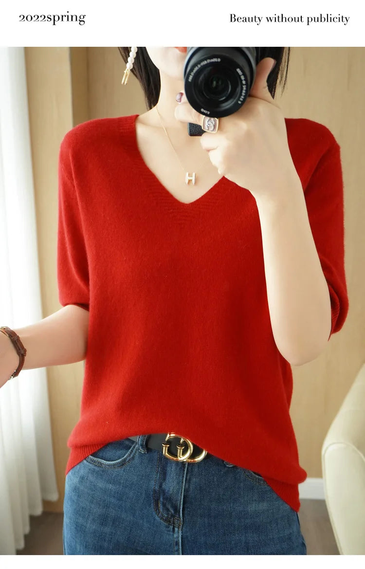 Spring/Summer 2022 Ladies Sweater Pullover Solid Color V-neck Half-sleeved Knitted Cashmere Sweater Thin Casual Top