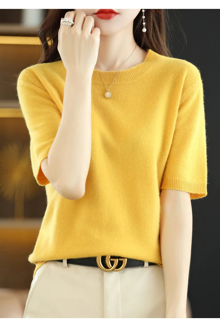 Frühling und Sommer Neue kurzärmelige Damen O-Ausschnitt Slim Woll-Baumwollmischung Pullover Weste T-Shirt Strickpullover