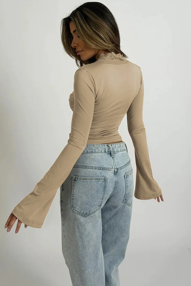 Lace Trimmed Deep V Flared Long Sleeved TopWomen's Lace Trim Deep V Neck Top Long Sleeve Slim Fit Flare Sleeve Blouse - Seldom Seen Styles