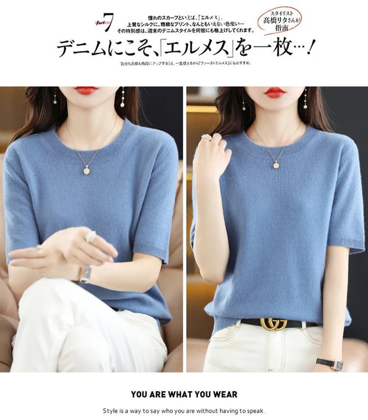 Spring and Summer New Short-sleeved Women O-neck Slim Wool Cotton Blend Pullover Vest T-shirt Knitted Base Sweater