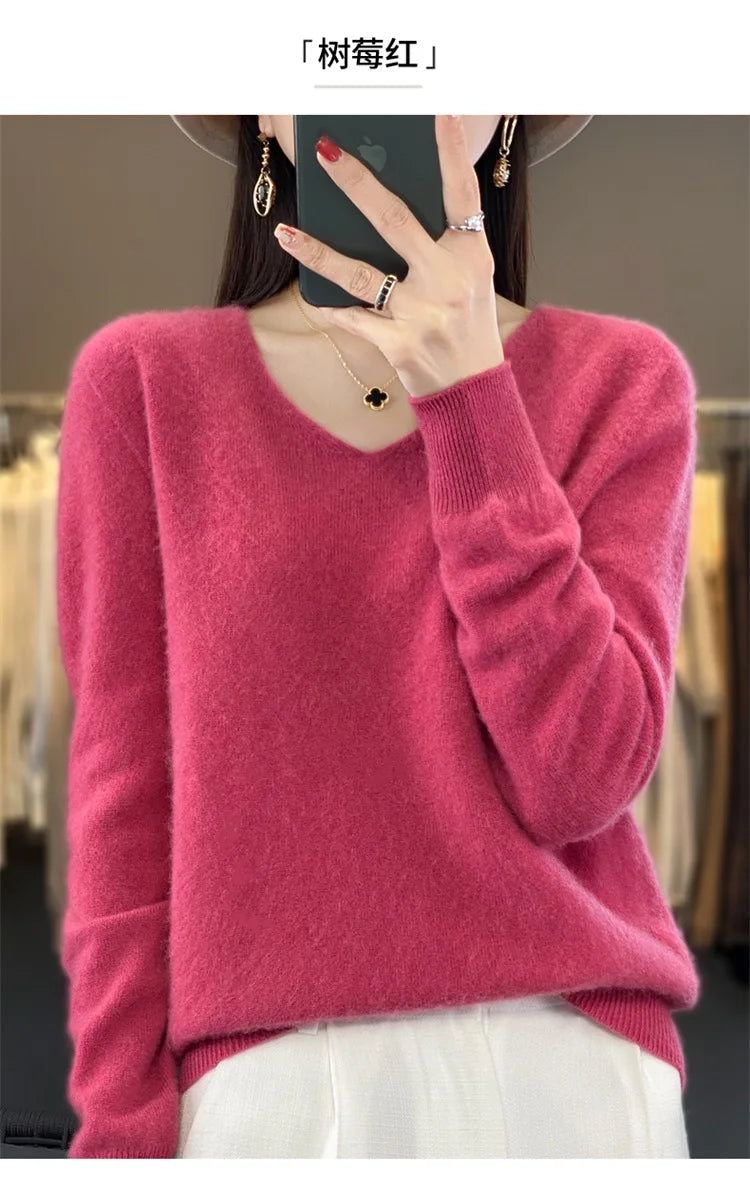 Merino Wool Women's Autumn And Winter Solid Color V-Neck Long-Sleeved Loose Knitted Sweater