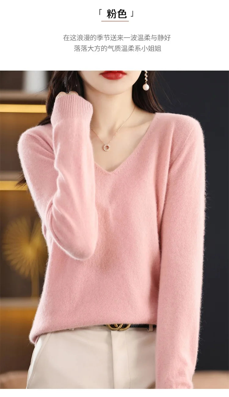 Merino Wool Women's Autumn And Winter Solid Color V-Neck Long-Sleeved Loose Knitted Sweater