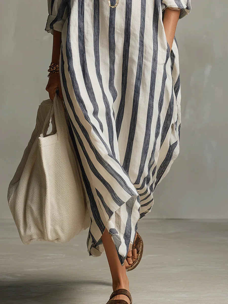 Amaris Loose Linen Cotton Striped Maxi Dress - Casual 3/4 Sleeve Shirt Dress - Seldom Seen Styles