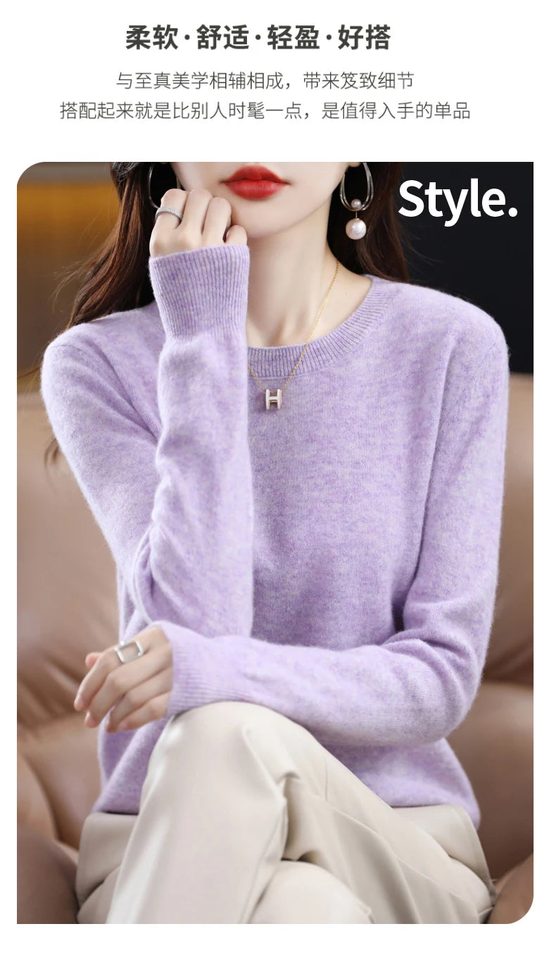 Women's 100% Pure Wool Cashmere Sweater O-Neck Pullover Knitted Casual Sweater Winter New  Long-Sleeved Warm High-Grade Jumper