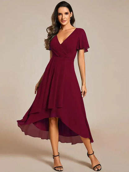 ever LARK|Ruffles Sleeve Pleated V-Neck A-Line Midi Chiffon Wedding Guest Dress