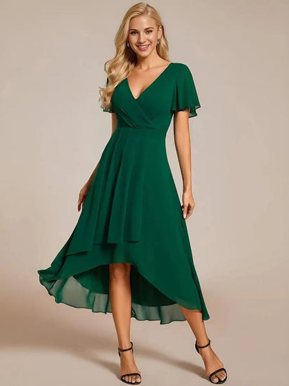 ever LARK|Ruffles Sleeve Pleated V-Neck A-Line Midi Chiffon Wedding Guest Dress