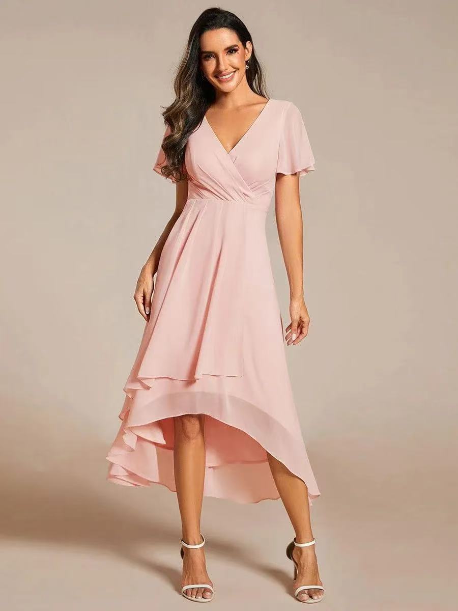 ever LARK|Ruffles Sleeve Pleated V-Neck A-Line Midi Chiffon Wedding Guest Dress