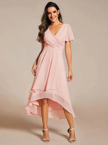 ever LARK|Ruffles Sleeve Pleated V-Neck A-Line Midi Chiffon Wedding Guest Dress