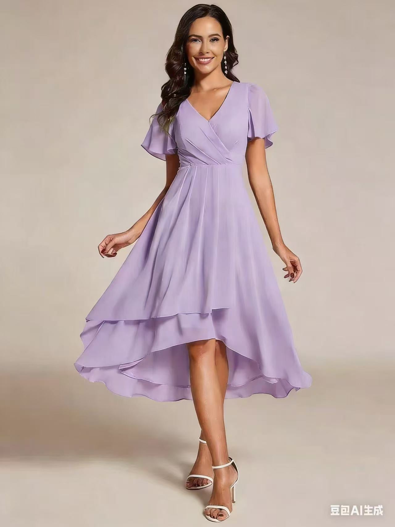 ever LARK|Ruffles Sleeve Pleated V-Neck A-Line Midi Chiffon Wedding Guest Dress
