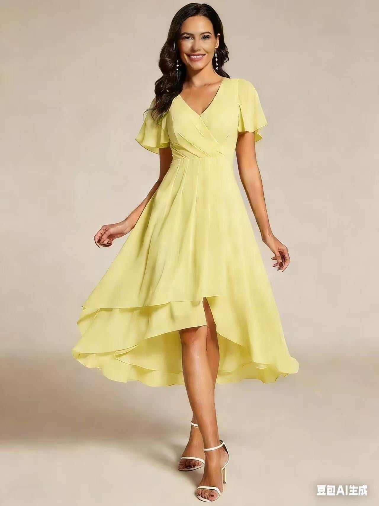 ever LARK|Ruffles Sleeve Pleated V-Neck A-Line Midi Chiffon Wedding Guest Dress