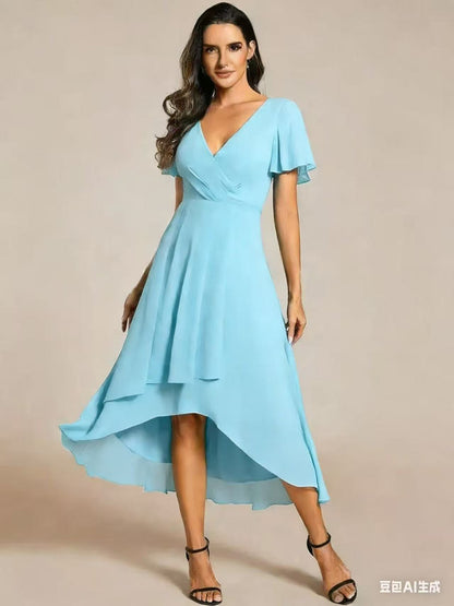 ever LARK|Ruffles Sleeve Pleated V-Neck A-Line Midi Chiffon Wedding Guest Dress