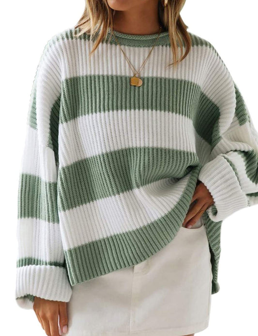 Women's 2024 Fall Long Sleeve Crew Neck Striped Color Block Comfy Loose Oversized Knitted Pullover Sweater