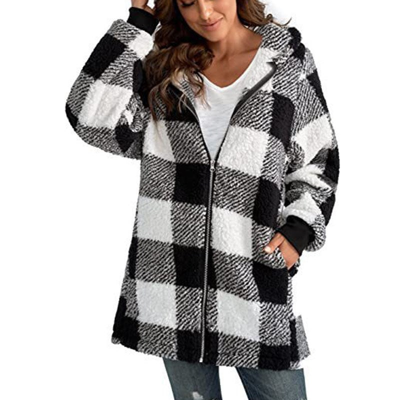 Europe and America plush women's outer 2024 new Amazon long sleeve plaid hooded zipper pocket loose outer