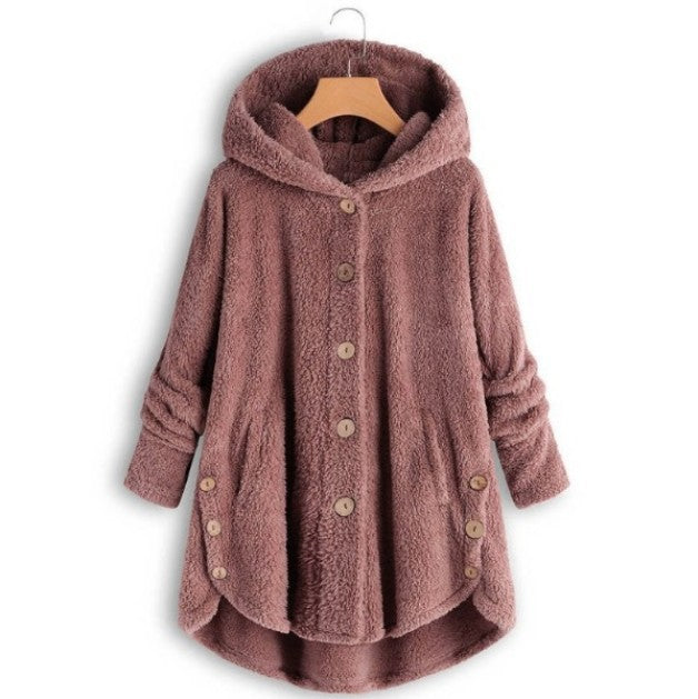 Qeaghou Thick Winter Coats for Women Causal Cute Sherpa Coats Fuzzy Fleece Warm Coats Button Down Long Sleeve Hooded Coat