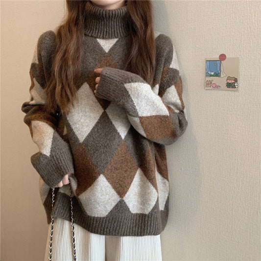 Women Sweater Autumn and Winter Women's Turtleneck Knitted Pullover Loose Warm