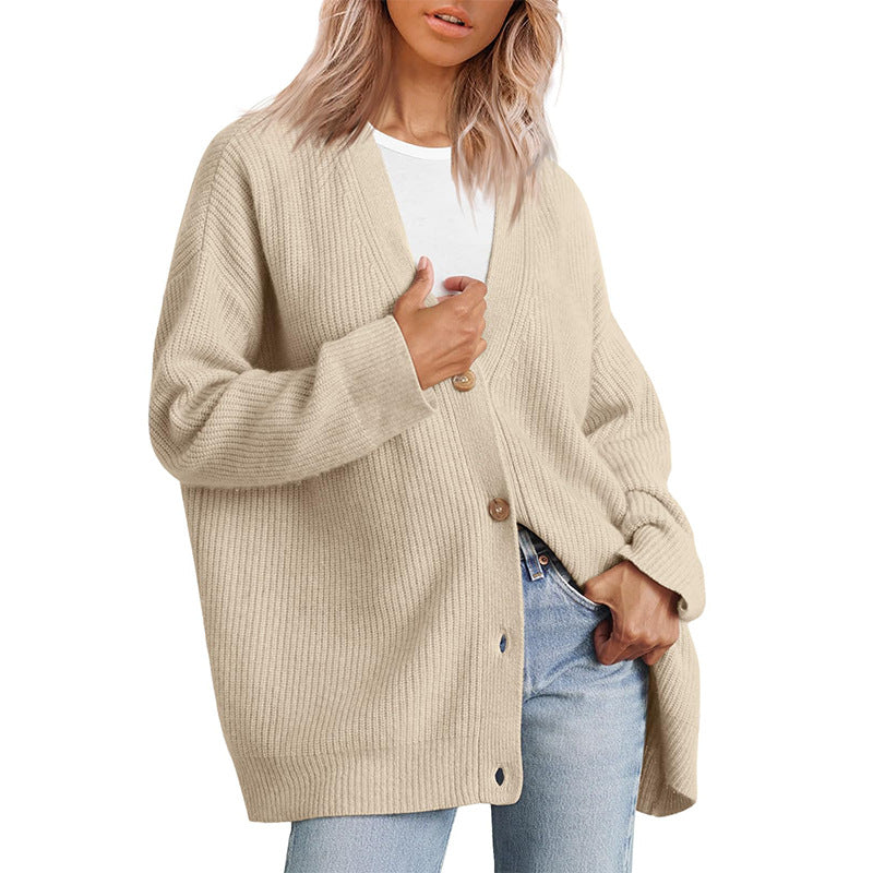 LILLUSORY Kvinnor Oversized Cardigan Tröja Höstoutfits Tyg Mode V-ringad Stickad Knapp Fram Casual Trendiga Toppar