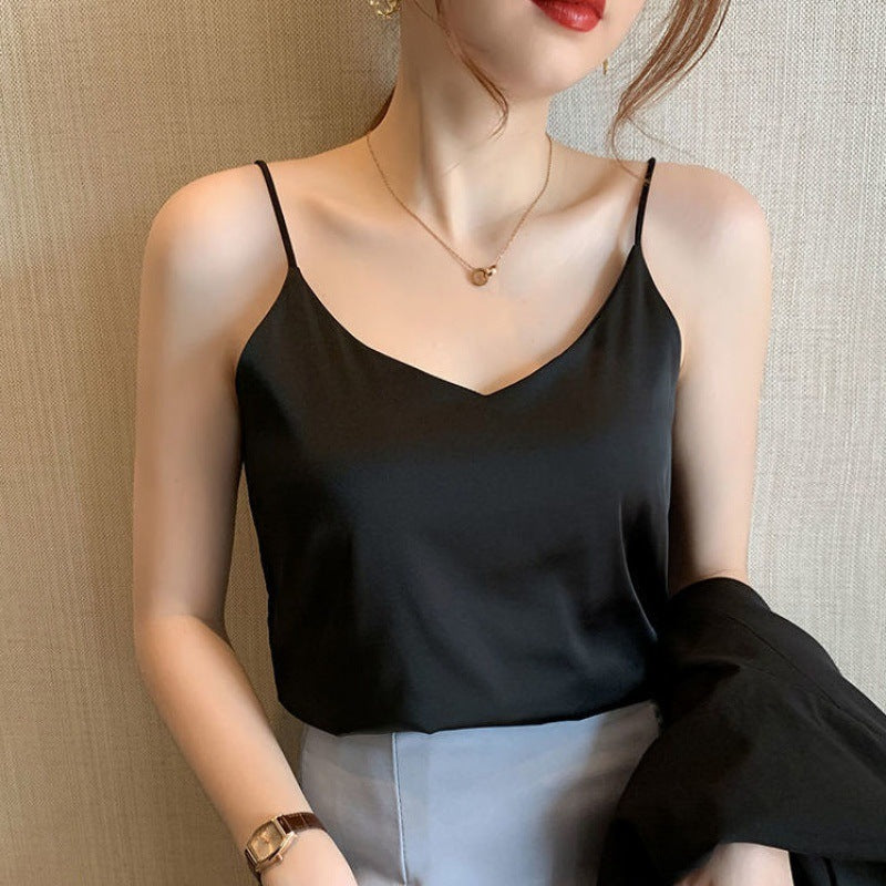 Womens Silk Satin Camisole Cami Plain Strappy Vest Top T-Shirt Blouse Tank Shirt V-Neck Spaghetti Stra