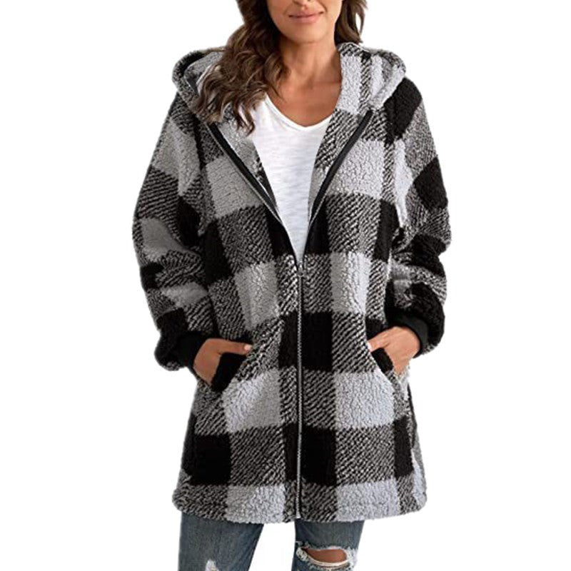 Europe and America plush women's outer 2024 new Amazon long sleeve plaid hooded zipper pocket loose outer