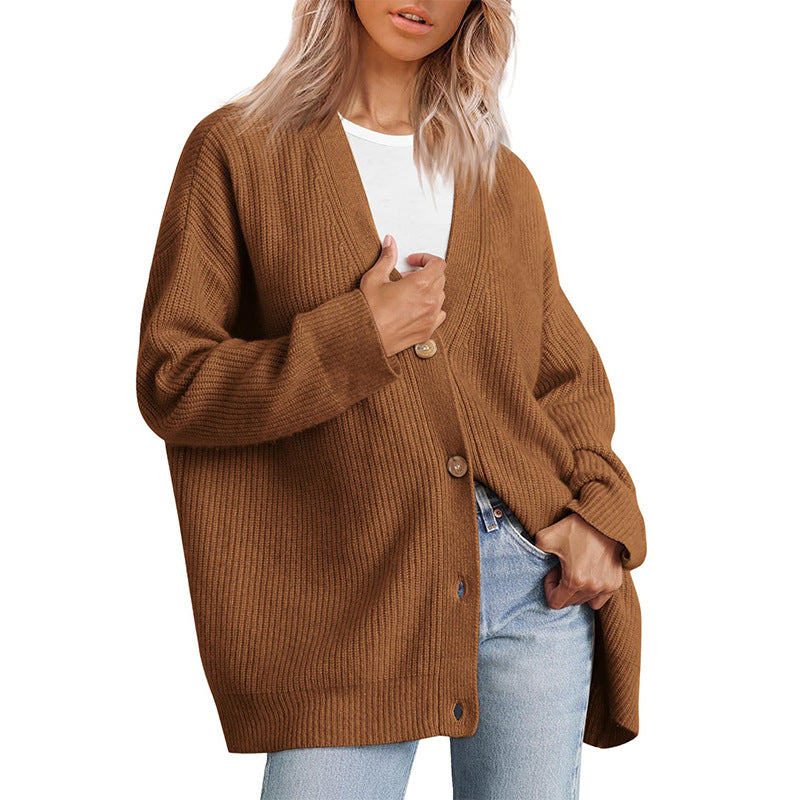 LILLUSORY Kvinnor Oversized Cardigan Tröja Höstoutfits Tyg Mode V-ringad Stickad Knapp Fram Casual Trendiga Toppar