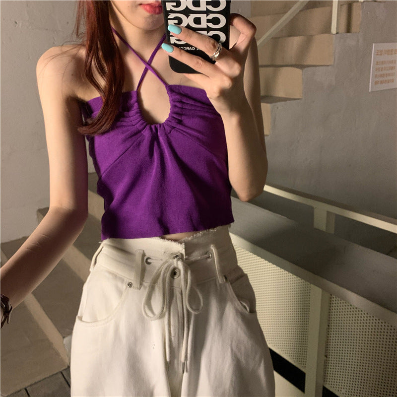 Summer New European and American small low-cut drawstring multi-wear halter vest women's figure-flattering belly-exposing short top