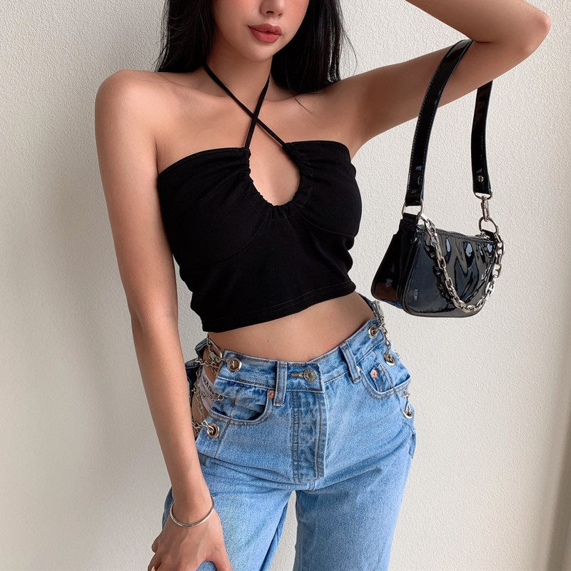 Summer New European and American small low-cut drawstring multi-wear halter vest women's figure-flattering belly-exposing short top