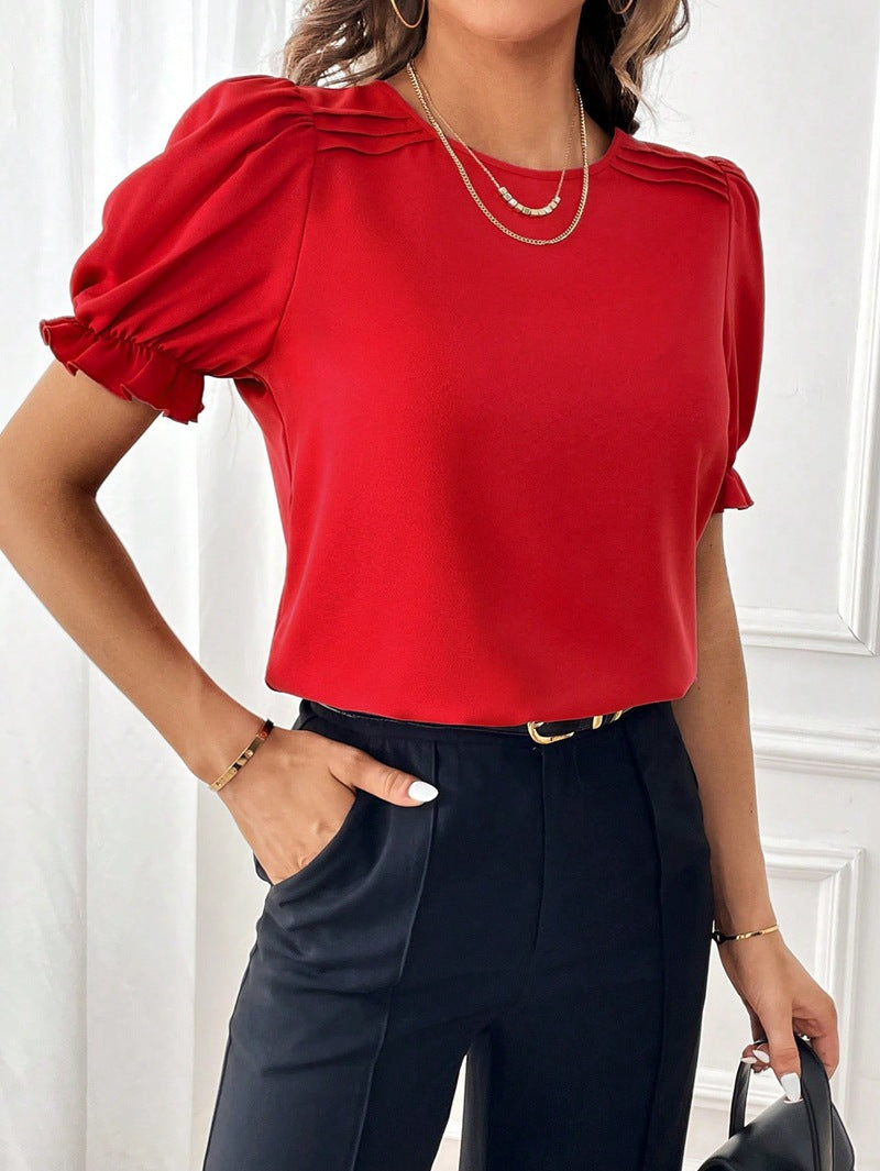 2024 summer new style fashionable temperament pure color round collar shirt top