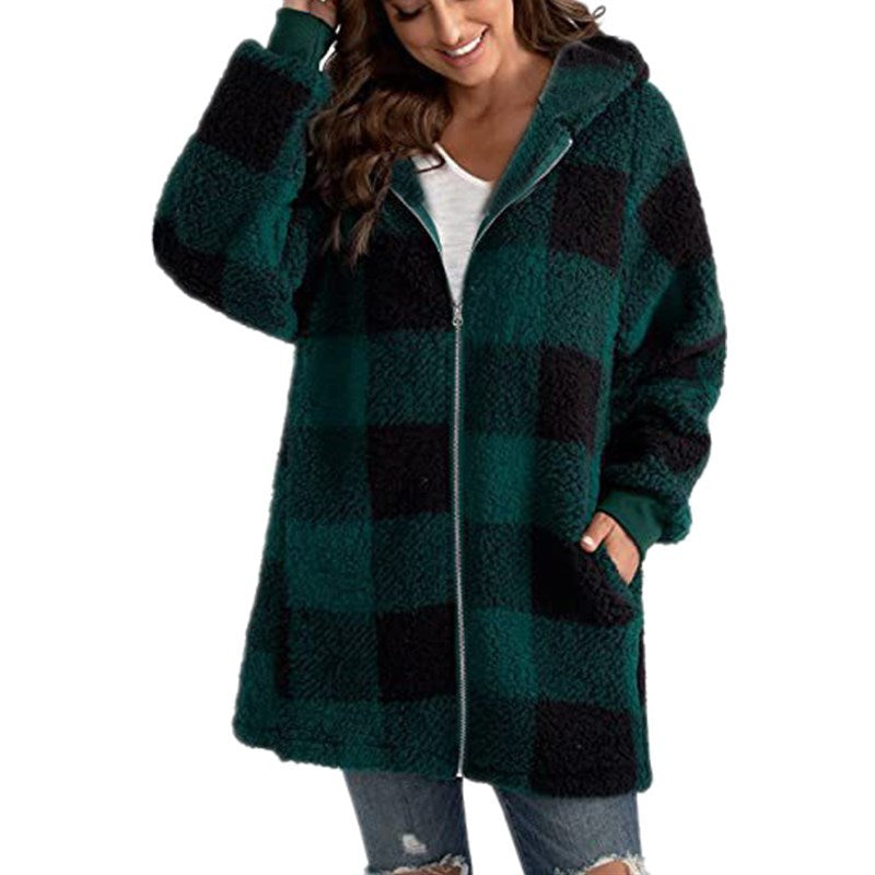 Europe and America plush women's outer 2024 new Amazon long sleeve plaid hooded zipper pocket loose outer