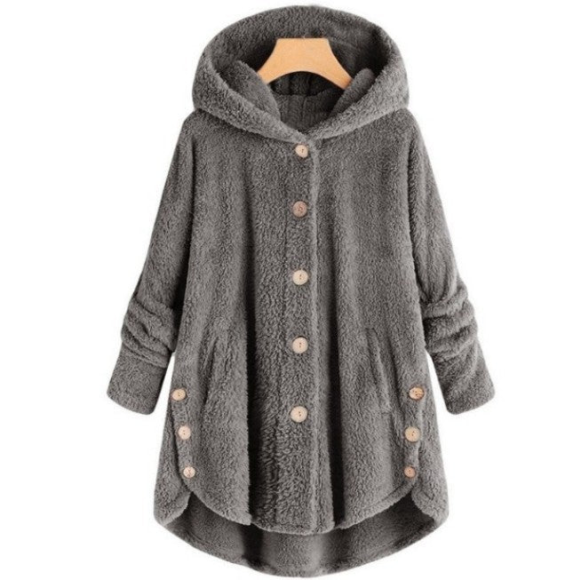 Qeaghou Thick Winter Coats for Women Causal Cute Sherpa Coats Fuzzy Fleece Warm Coats Button Down Long Sleeve Hooded Coat