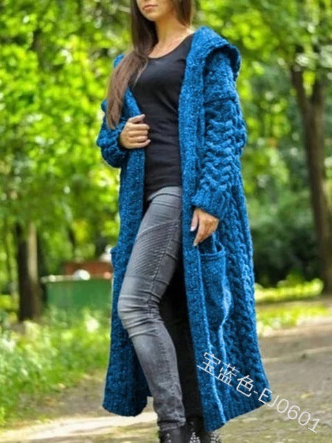 Lange Strickjacken für Damen, Mäntel, Zopfmuster, lässig, vorne offen, Langarmpullover mit Taschen