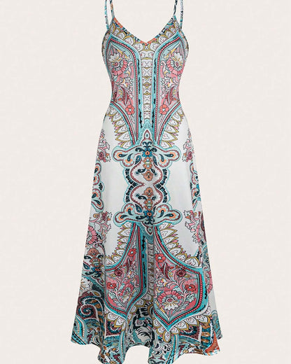 Robe longue d'été à imprimé cachemire et col en V pour femme, ample et fluide, style bohème, idéale pour les vacances