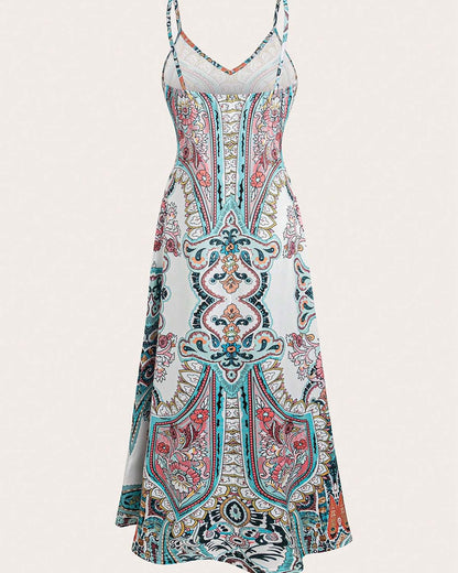 Robe longue d'été à imprimé cachemire et col en V pour femme, ample et fluide, style bohème, idéale pour les vacances