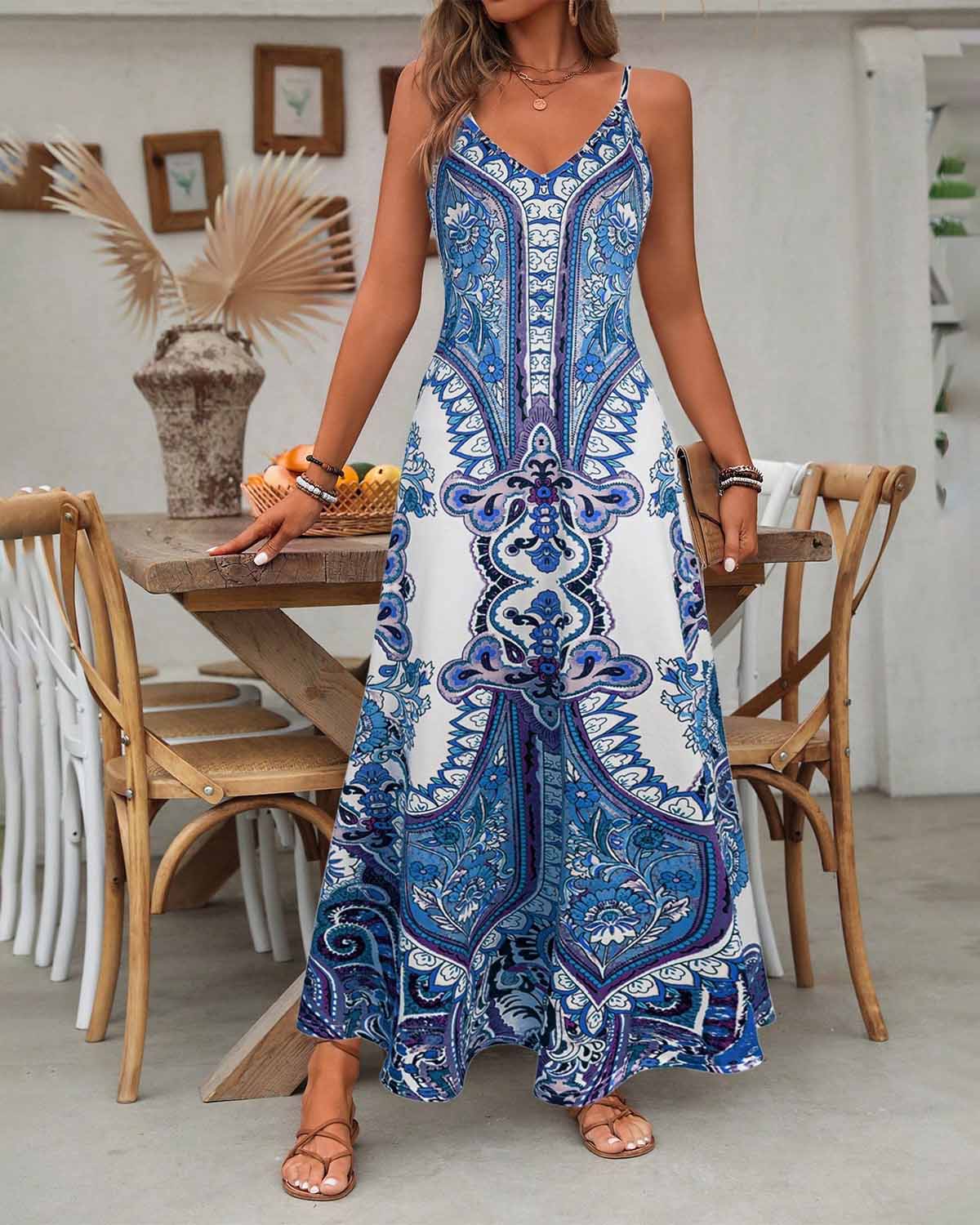 Women's Summer Paisley Floral Maxi Dress V Neck Loose Flowy Vacation Boho Long Sundress - Seldom Seen Styles