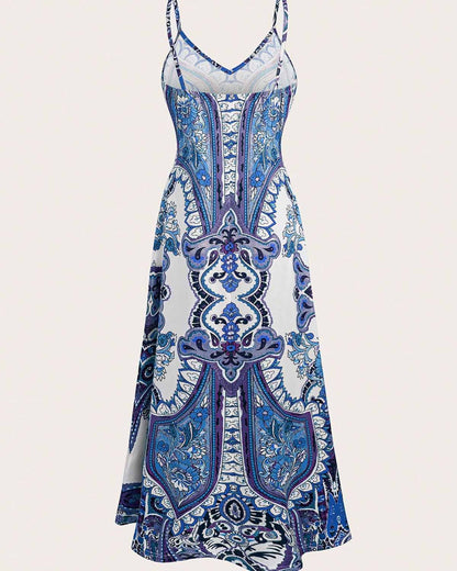 Robe longue d'été à imprimé cachemire et col en V pour femme, ample et fluide, style bohème, idéale pour les vacances