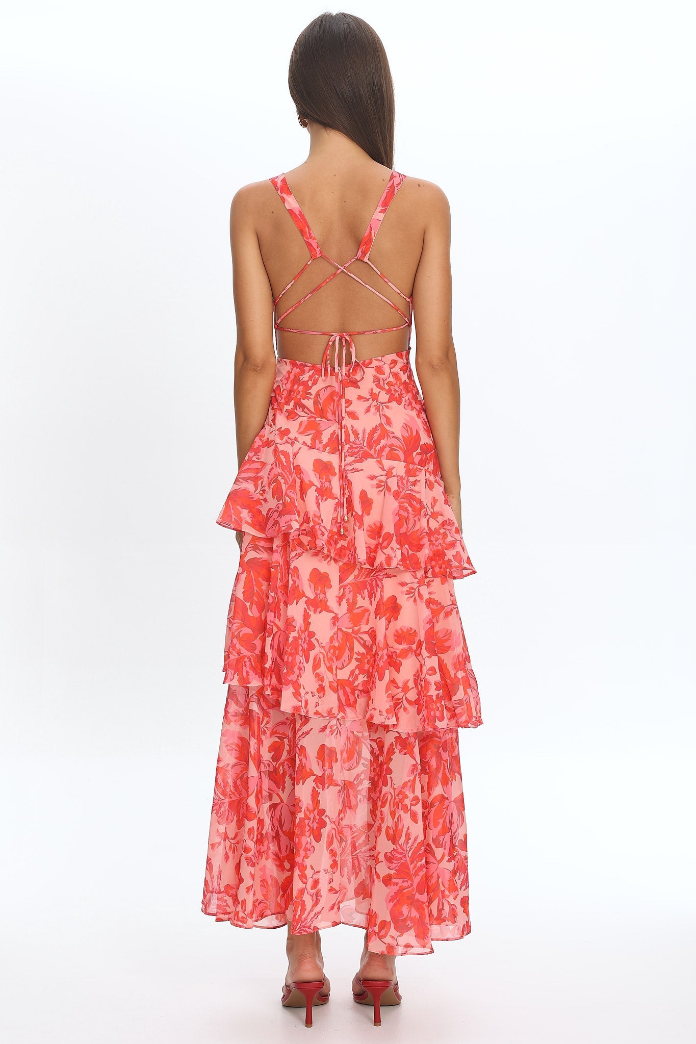 Veda Strappy Back Ruffle Midi Dress Floral Red by Selfie Leslie