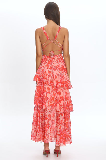 Veda Strappy Back Ruffle Midi Dress Floral Red