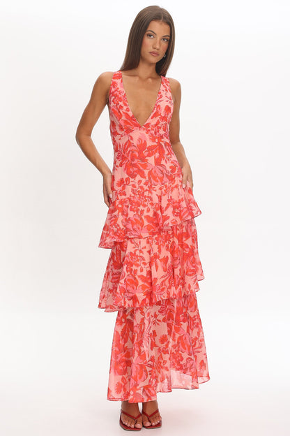 Veda Strappy Back Ruffle Midi Dress Floral Red