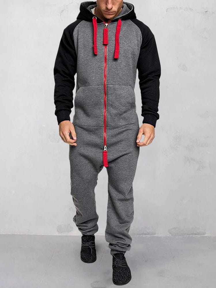 Hooded Fleece Solid Color Jumpsuit Jumpsuit coofandystore Grey/Red M 