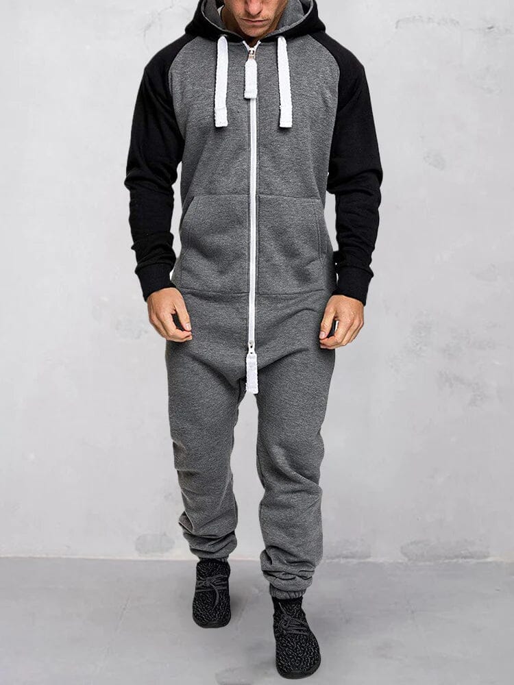 Hooded Fleece Solid Color Jumpsuit Jumpsuit coofandystore Grey/White M 