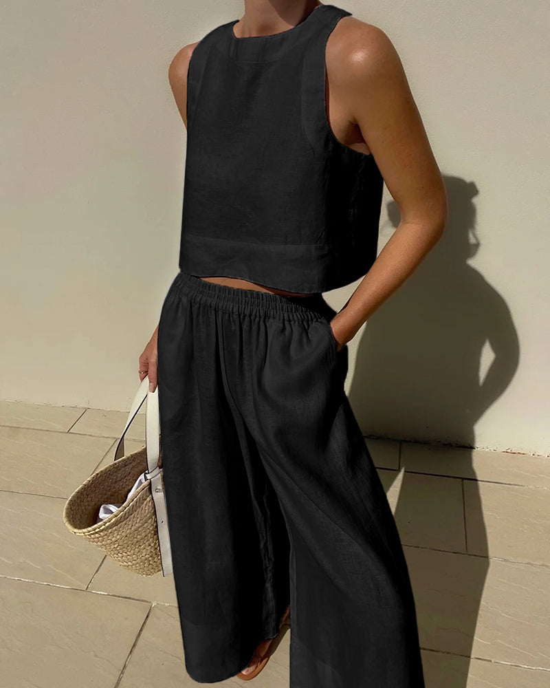Women's Linen Two Piece Set Crop Top Wide Leg Pants Outfit - Seldom Seen Styles