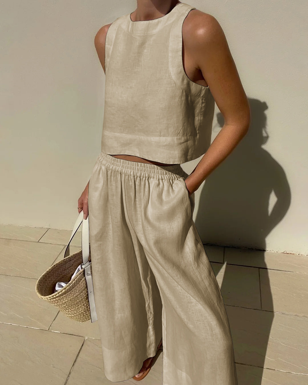 Women's Linen Two Piece Set Crop Top Wide Leg Pants Outfit - Seldom Seen Styles