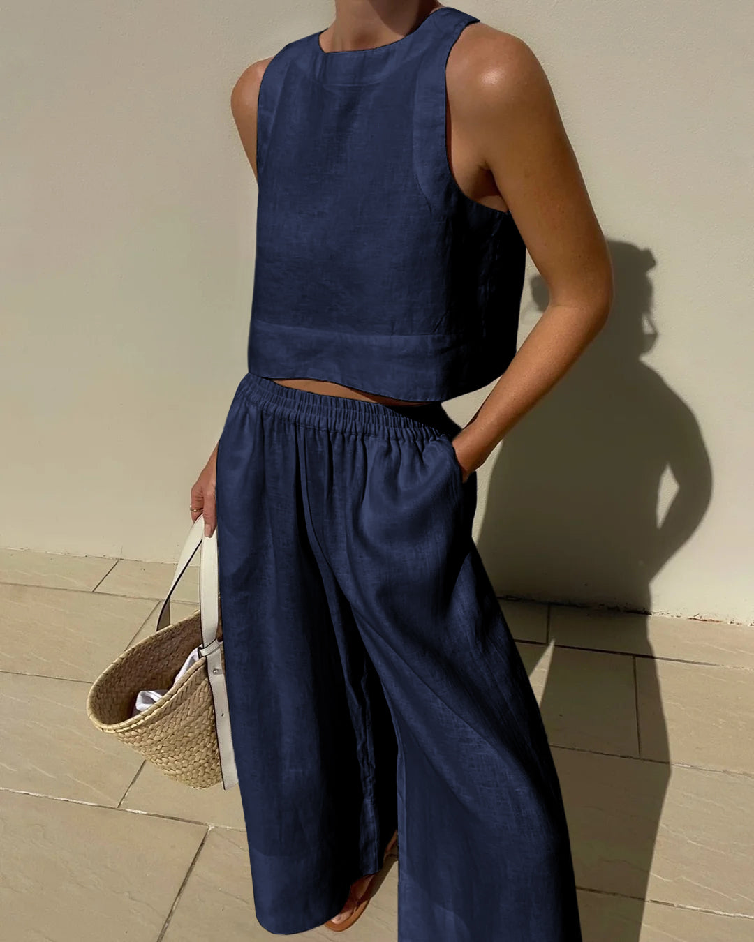 Women's Linen Two Piece Set Crop Top Wide Leg Pants Outfit - Seldom Seen Styles