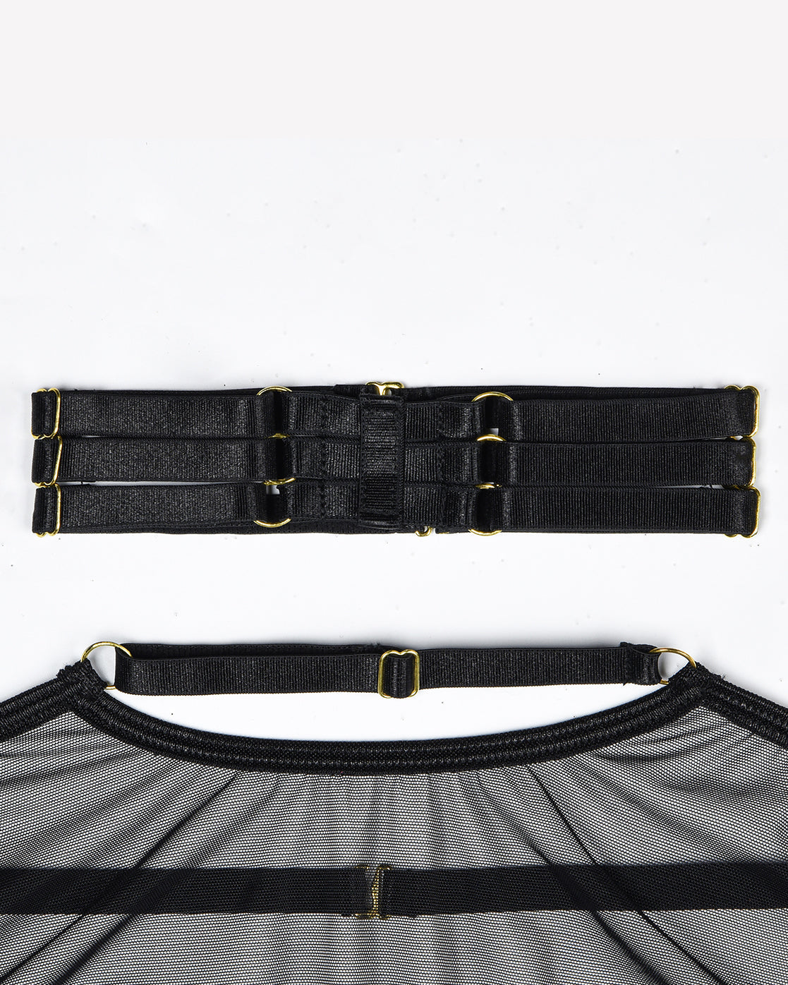 Black sheer mesh lingerie set with adjustable straps and gold hardware. Sexy lingerie for women.