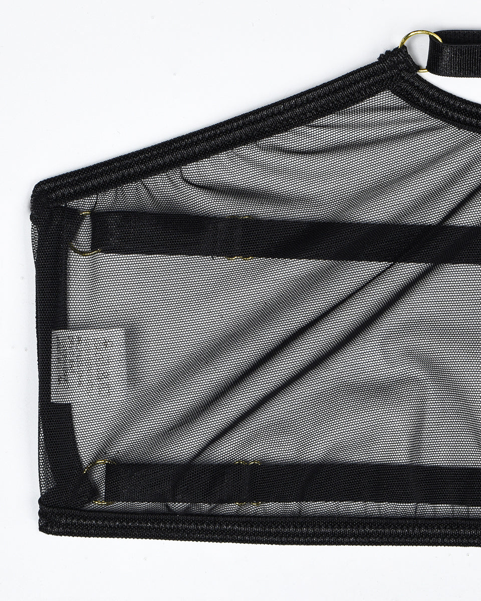 Black sheer mesh bra with adjustable straps and gold hardware. Sexy lingerie for women.