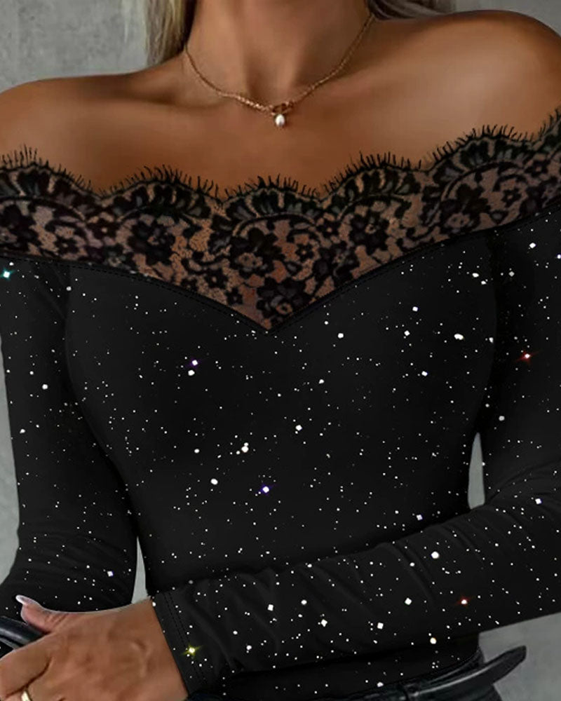 Women's Glitter Off-Shoulder Lace Spliced Sequin Top – Party & Date Night | S–XXL - Seldom Seen Styles