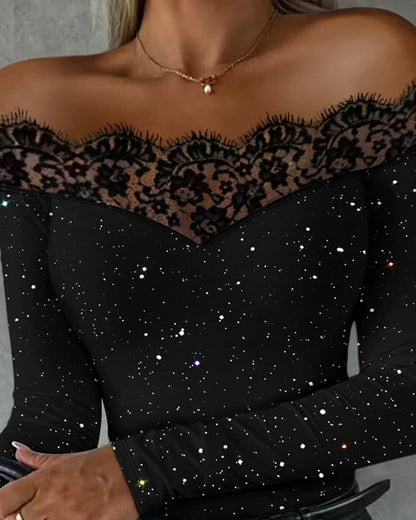 Women's Glitter Off-Shoulder Lace Spliced Sequin Top – Party & Date Night | S–XXL